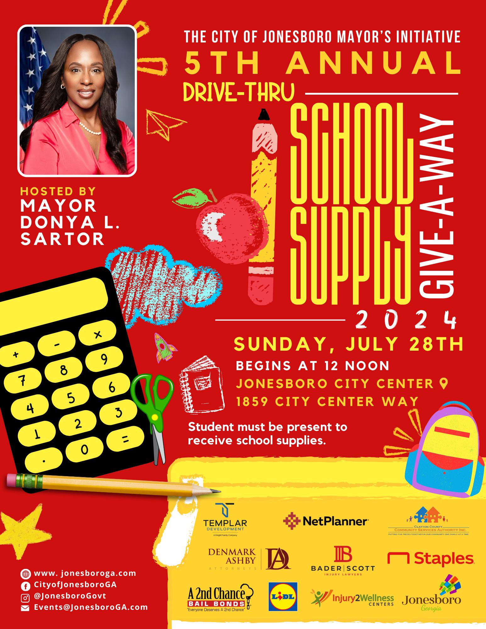 📚🎒 **Mayor Donya L. Sartor's 5th Annual Drive Thru School Supply Giveaway** 🎒📚